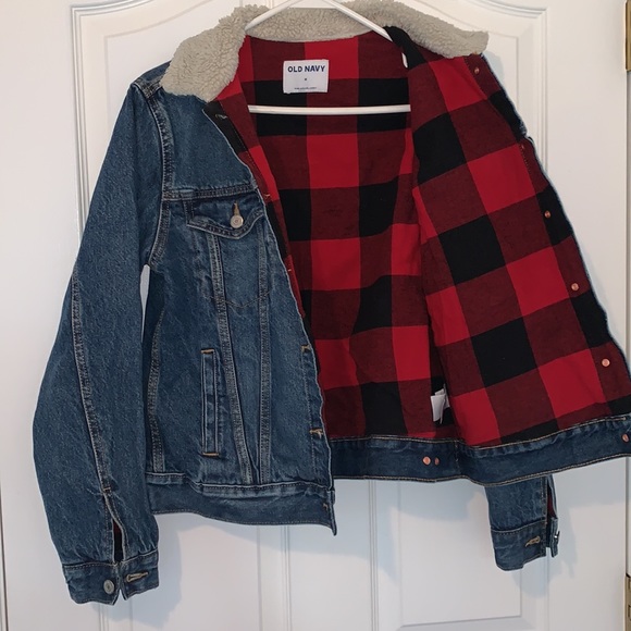 Old Navy Plaid Jean Jacket Faux Sterling sheep collar New with tags size M - Picture 3 of 5
